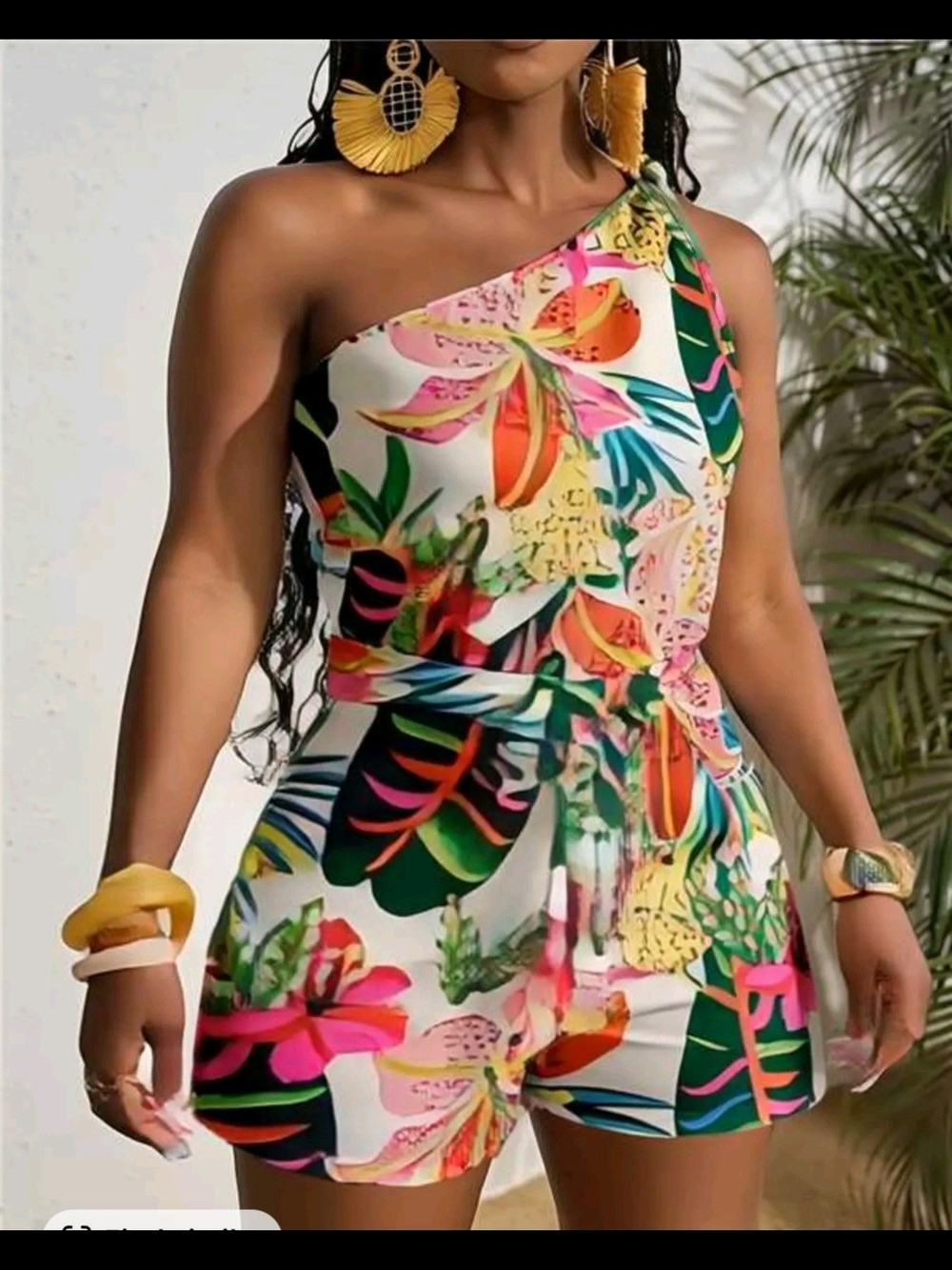 One-Shoulder Tropical Print Romper in Multicolor